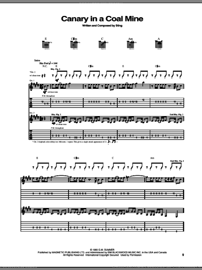 Canary In A Coalmine sheet music for guitar (tablature) by The Police and Sting, intermediate skill level