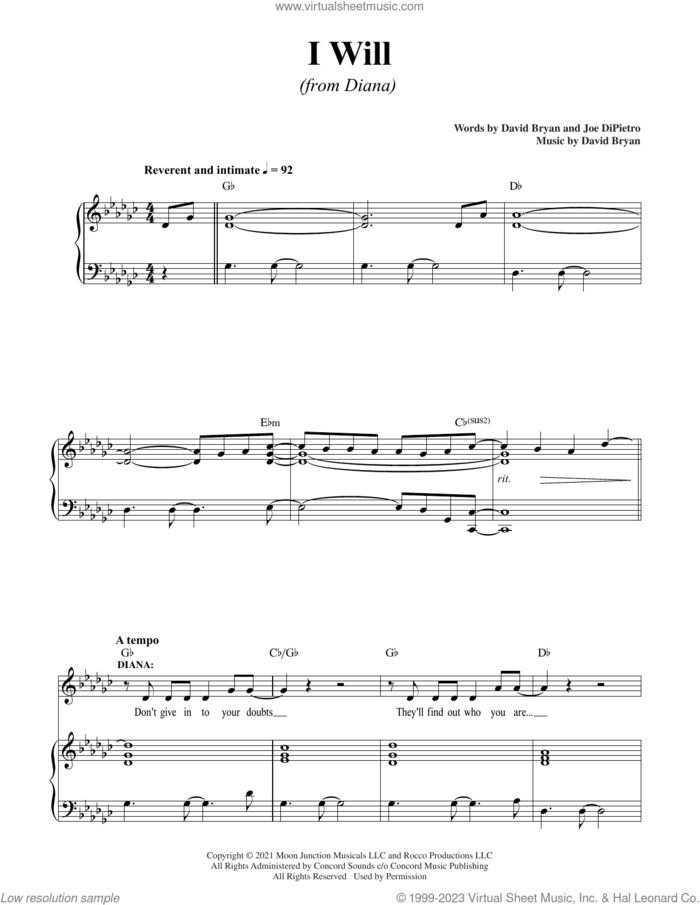 I Will (from Diana) sheet music for voice and piano by David Bryan, David Bryan & Joe DiPietro and Joe DiPietro, intermediate skill level