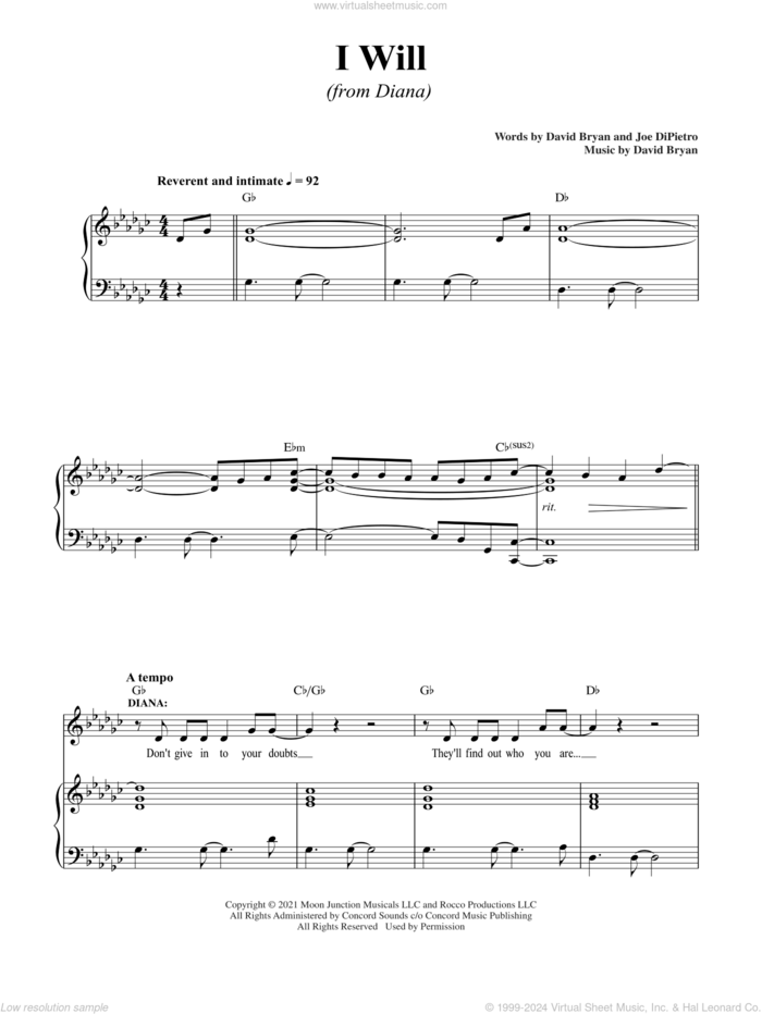 I Will (from Diana) sheet music for voice and piano by David Bryan, David Bryan & Joe DiPietro and Joe DiPietro, intermediate skill level