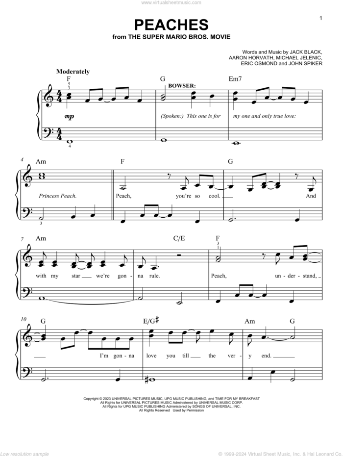 Peaches (from The Super Mario Bros. Movie), (easy) sheet music for piano solo by Jack Black, Aaron Horvath, Eric Osmond, John Spiker and Michael Jelenic, easy skill level