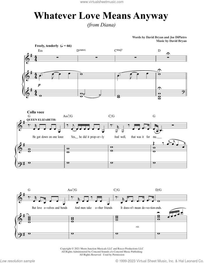 Whatever Love Means Anyway (from Diana) sheet music for voice and piano by David Bryan, David Bryan & Joe DiPietro and Joe DiPietro, intermediate skill level