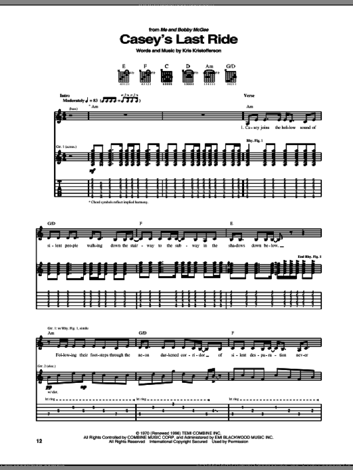 Casey's Last Ride sheet music for guitar (tablature) by Kris Kristofferson, intermediate skill level