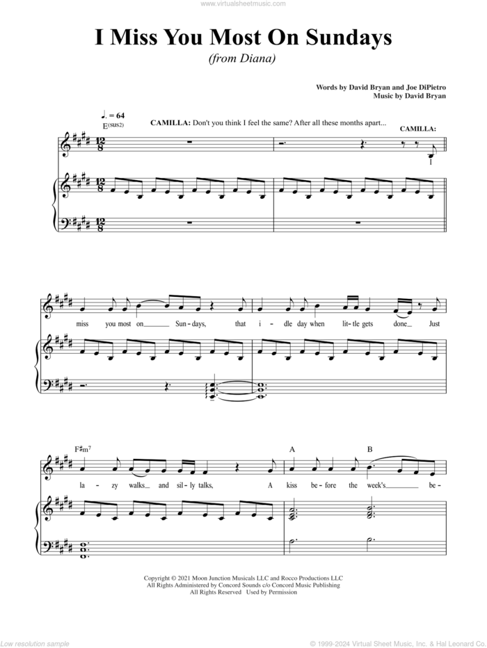 I Miss You Most On Sundays (from Diana) sheet music for voice and piano by David Bryan, David Bryan & Joe DiPietro and Joe DiPietro, intermediate skill level