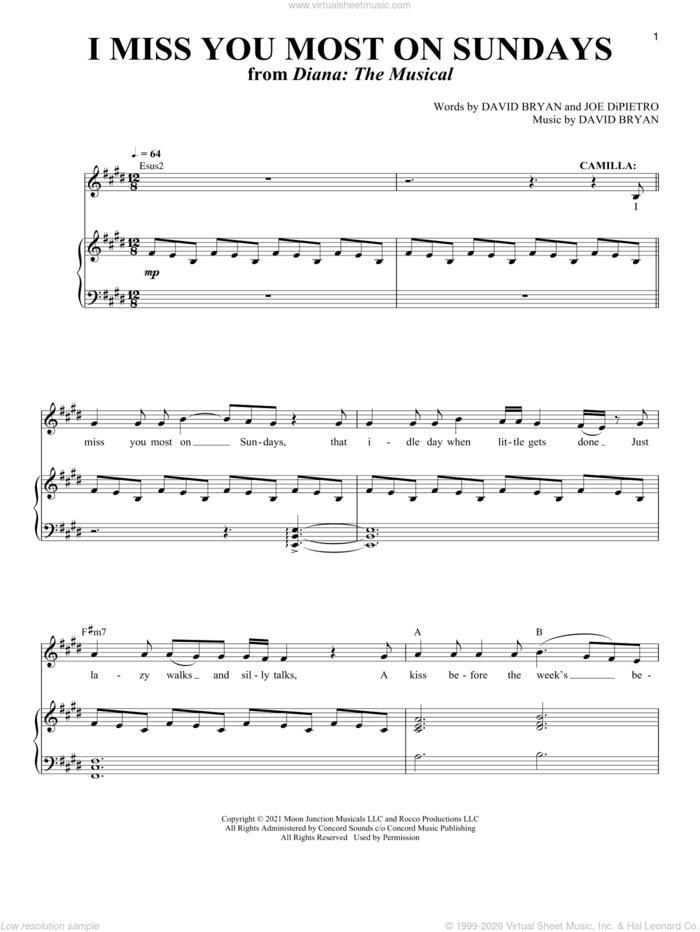 I Miss You Most On Sundays (from Diana) sheet music for voice and piano by Joe DiPietro, David Bryan and David Bryan & Joe DiPietro, intermediate skill level