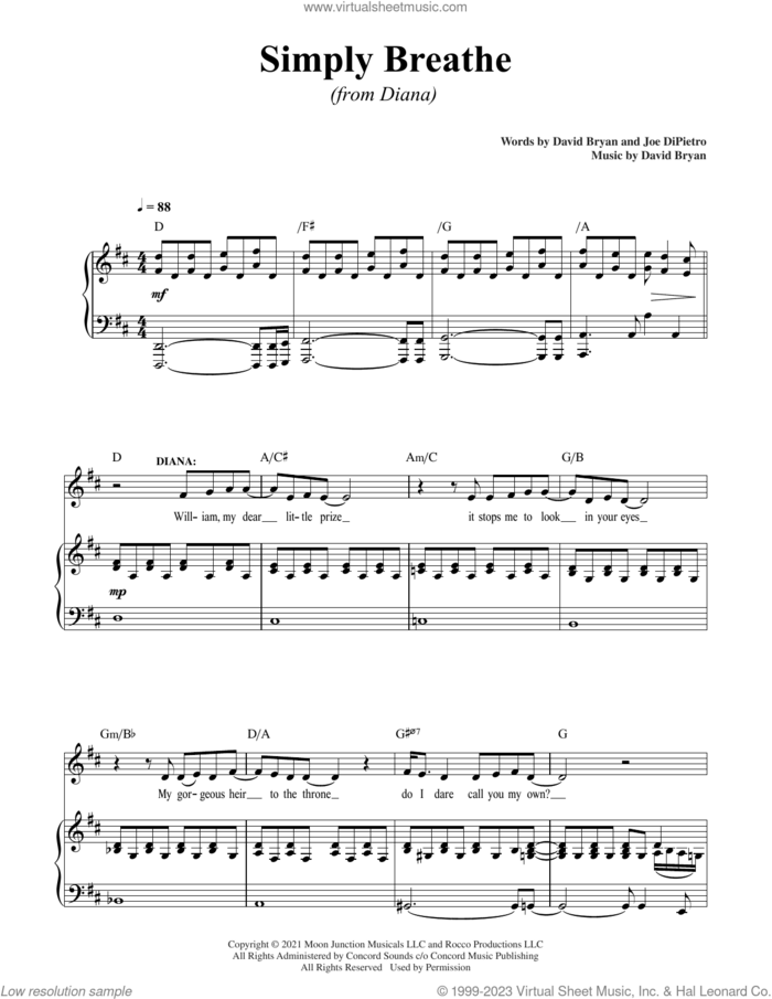 Simply Breathe (Solo Version) (from Diana) sheet music for voice and piano by David Bryan, David Bryan & Joe DiPietro and Joe DiPietro, intermediate skill level