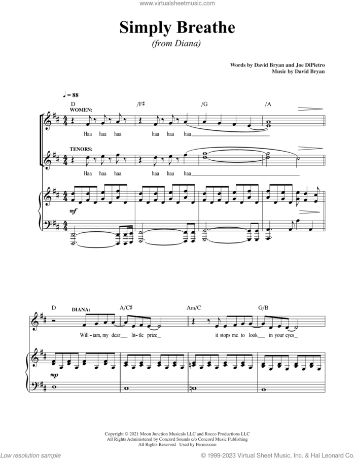 Simply Breathe (from Diana) sheet music for voice and piano by David Bryan, David Bryan & Joe DiPietro and Joe DiPietro, intermediate skill level