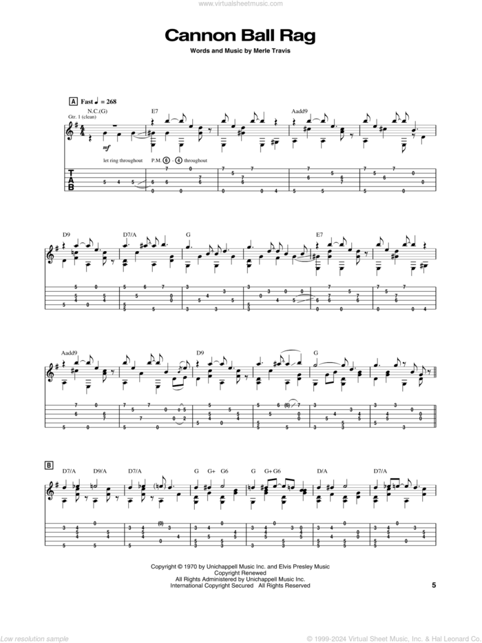 Cannon Ball Rag sheet music for guitar (tablature) by Merle Travis, intermediate skill level