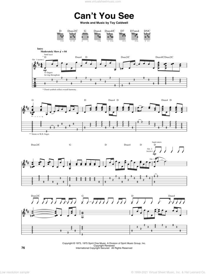 Can't You See sheet music for guitar (tablature) by Marshall Tucker Band and Toy Caldwell, intermediate skill level