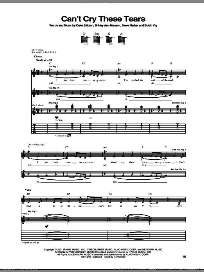 Can't Cry These Tears sheet music for guitar (tablature) by Garbage, Butch Vig, Duke Erikson, Shirley Ann Manson and Steve Marker, intermediate skill level
