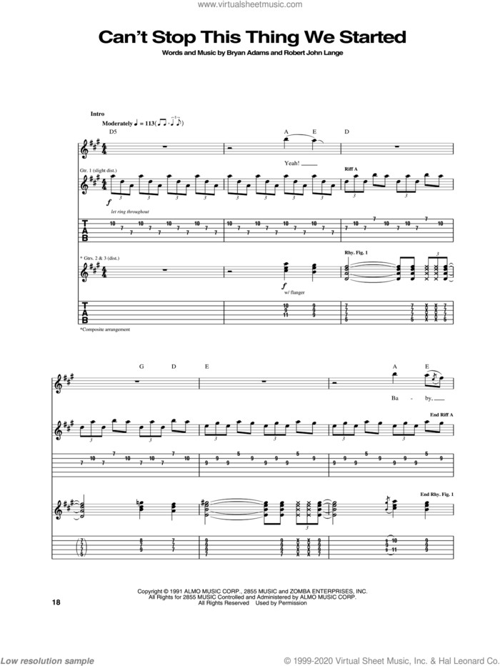 Can't Stop This Thing We Started sheet music for guitar (tablature) by Bryan Adams and Robert John Lange, intermediate skill level