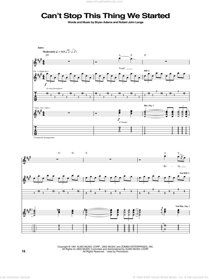 Can't Stop This Thing We Started sheet music for guitar (tablature) by Bryan Adams and Robert John Lange, intermediate skill level