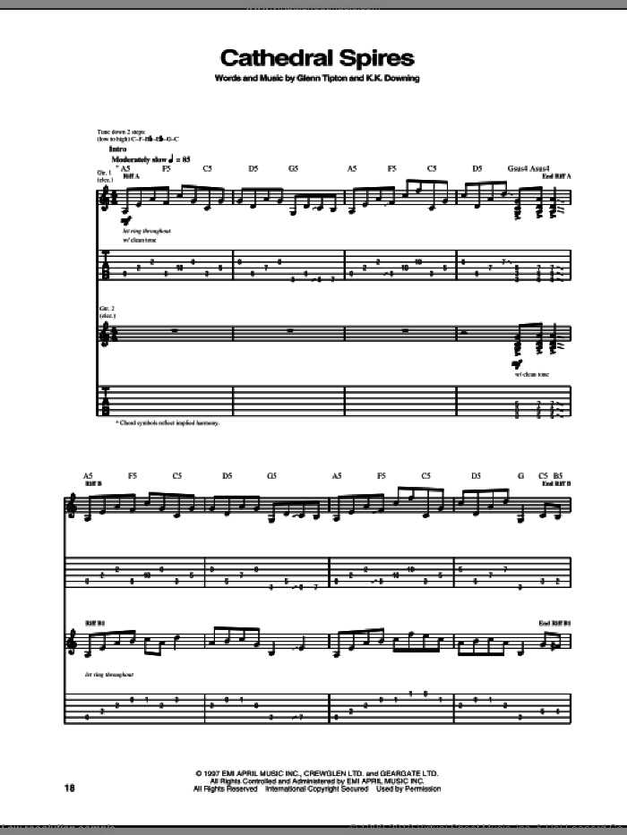 Cathedral Spires sheet music for guitar (tablature) by Judas Priest, Glenn Tipton and K.K. Downing, intermediate skill level