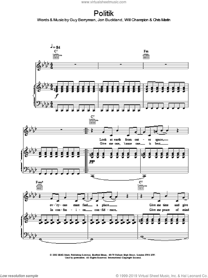 Politik sheet music for voice, piano or guitar by Coldplay, intermediate skill level