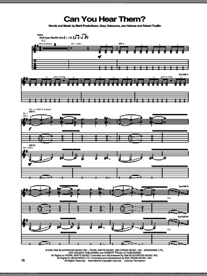 Can You Hear Them? sheet music for guitar (tablature) by Ozzy Osbourne, Joe Holmes, Marti Frederiksen and Robert Trujillo, intermediate skill level