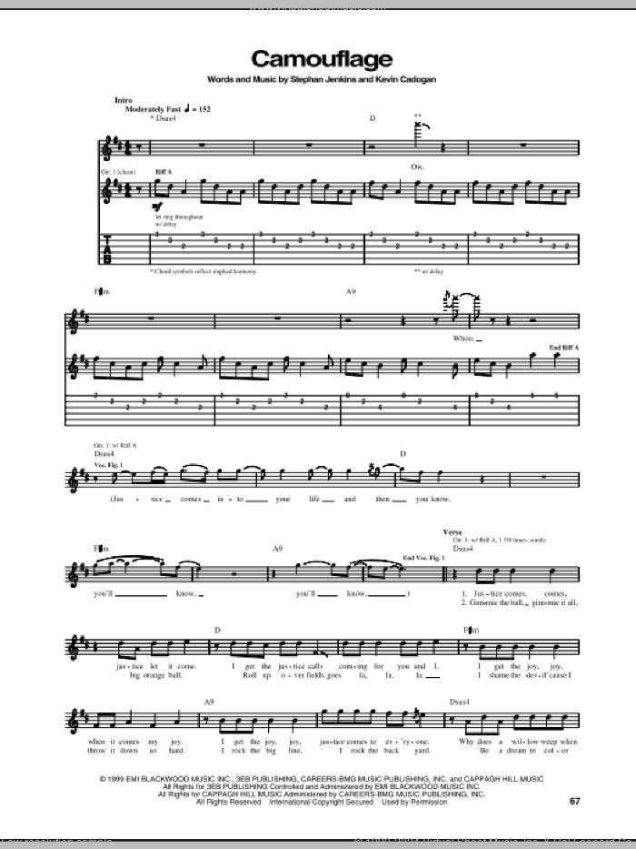 Camouflage sheet music for guitar (tablature) by Third Eye Blind, Kevin Cadogan and Stephan Jenkins, intermediate skill level