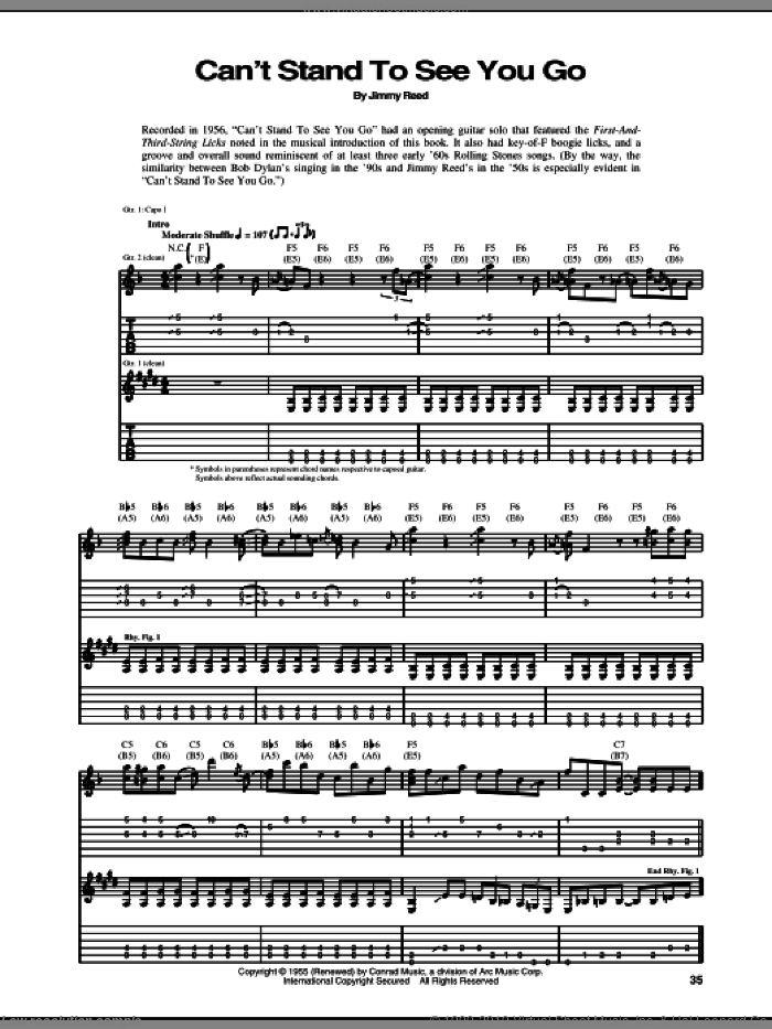 Can't Stand To See You Go sheet music for guitar (tablature) by Jimmy Reed, intermediate skill level