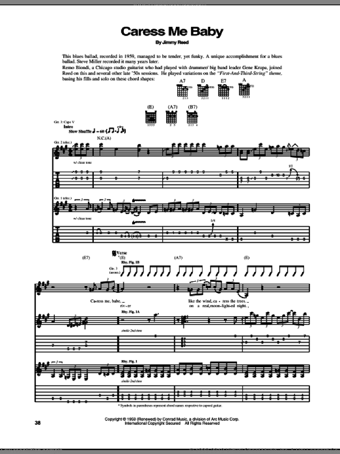 Caress Me Baby sheet music for guitar (tablature) by Jimmy Reed, intermediate skill level