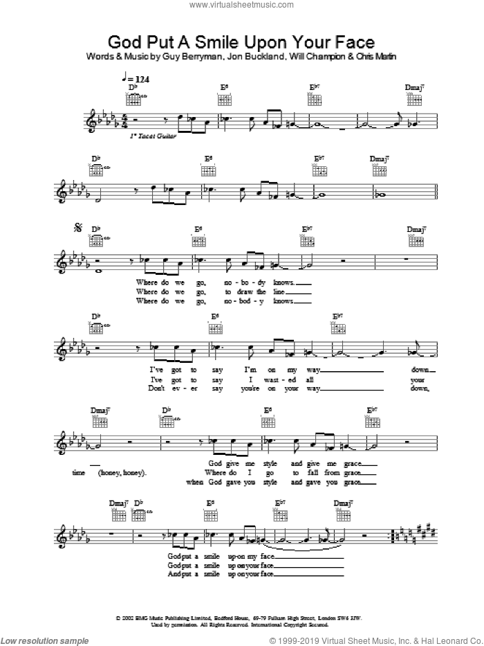 God Put A Smile Upon Your Face sheet music for voice and other instruments (fake book) by Coldplay, intermediate skill level
