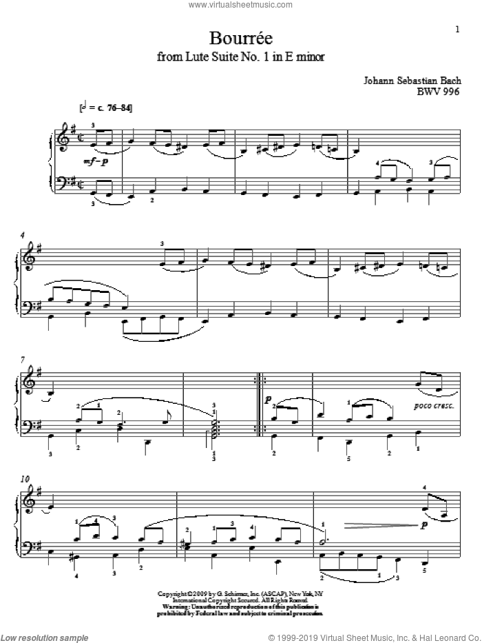 Bouree, BWV 996 sheet music for piano solo by Johann Sebastian Bach and Christos Tsitsaros, classical score, intermediate skill level