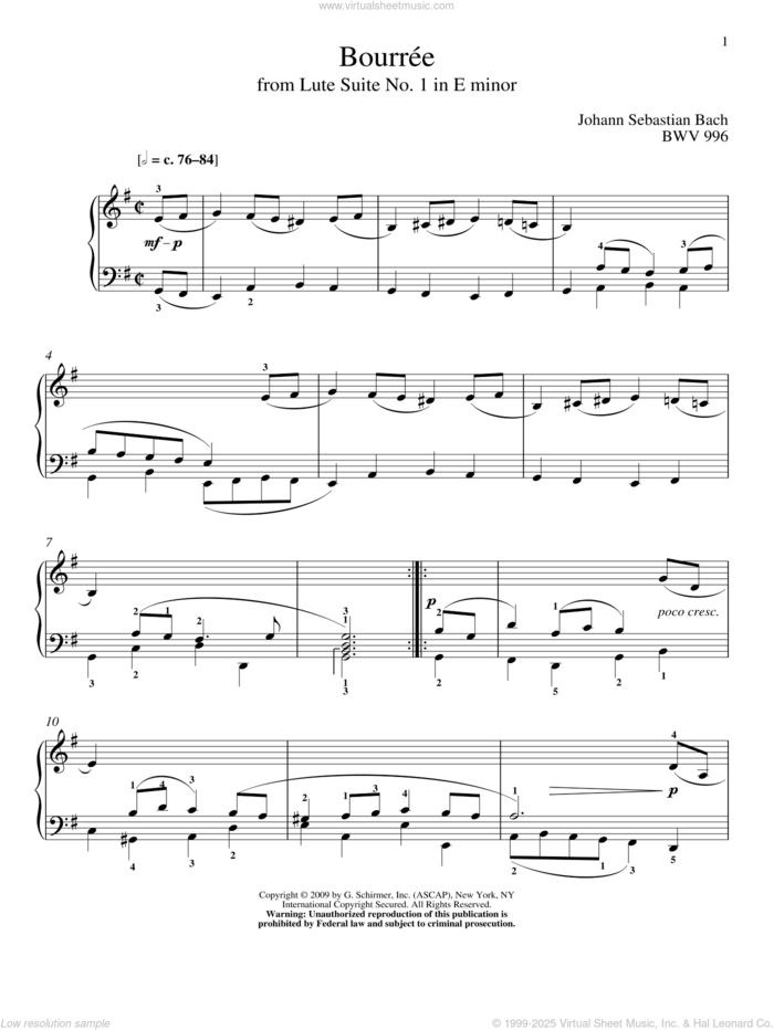 Bouree, BWV 996 sheet music for piano solo by Johann Sebastian Bach and Christos Tsitsaros, classical score, intermediate skill level