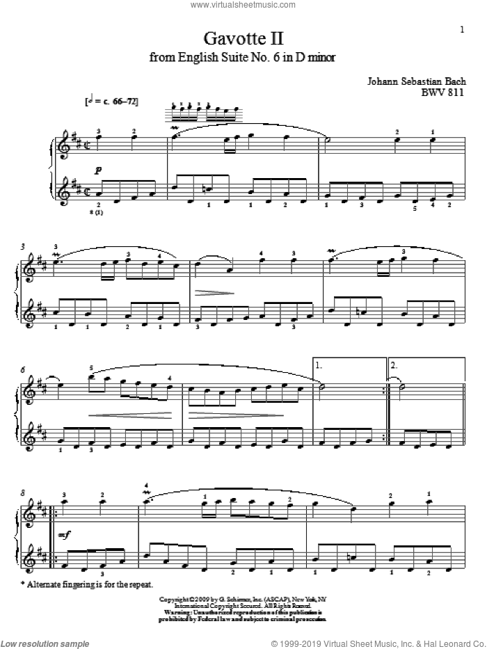 Gavotte II, BWV 811 sheet music for piano solo by Johann Sebastian Bach and Christos Tsitsaros, classical score, intermediate skill level