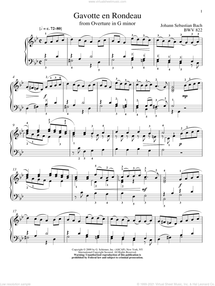 Gavotte en Rondeau, BWV 811 sheet music for piano solo by Johann Sebastian Bach and Christos Tsitsaros, classical score, intermediate skill level