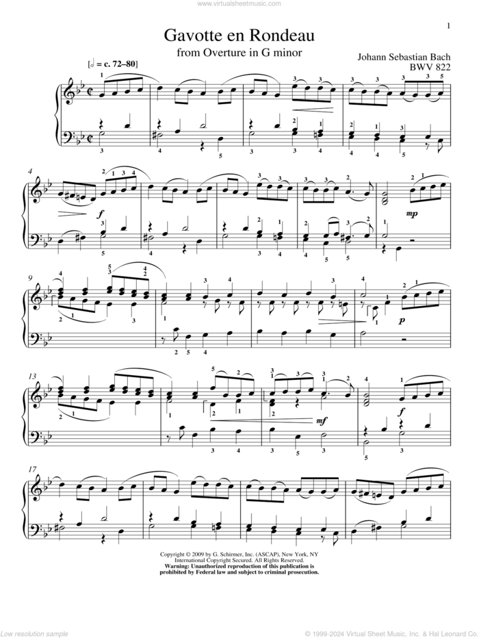 Gavotte en Rondeau, BWV 811 sheet music for piano solo by Johann Sebastian Bach and Christos Tsitsaros, classical score, intermediate skill level