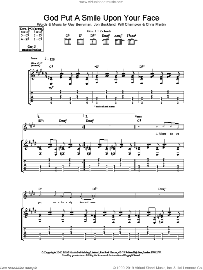 God Put A Smile Upon Your Face sheet music for guitar (tablature) by Coldplay, intermediate skill level