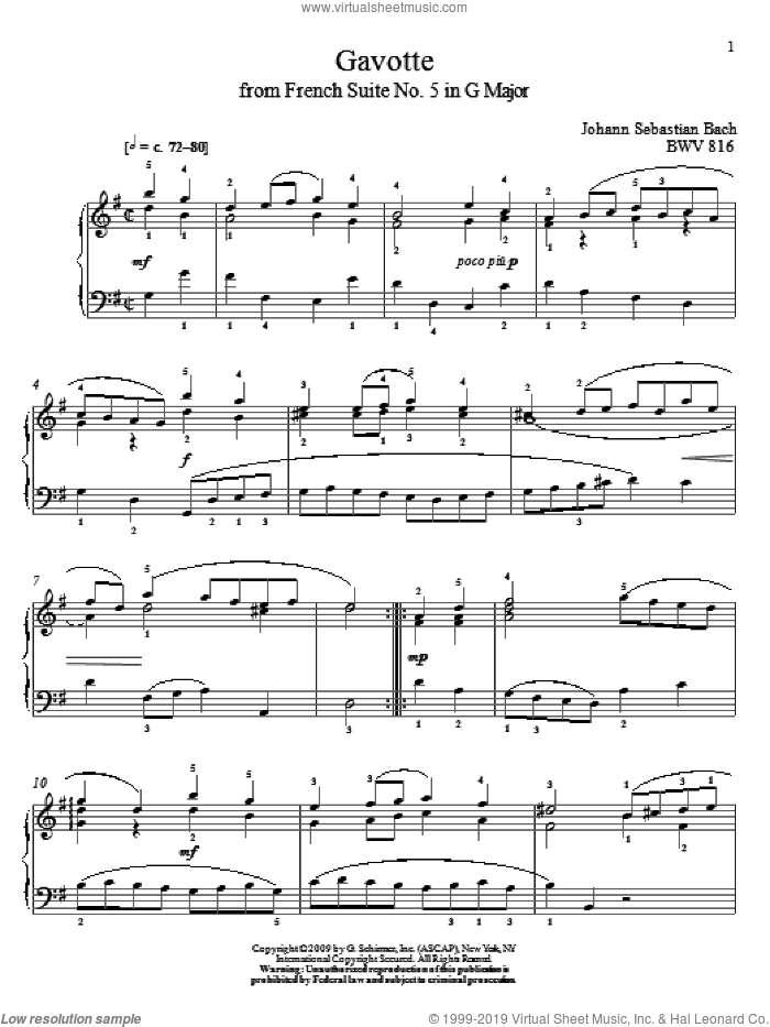 Gavotte, BWV 816 sheet music for piano solo by Johann Sebastian Bach and Christos Tsitsaros, classical score, intermediate skill level