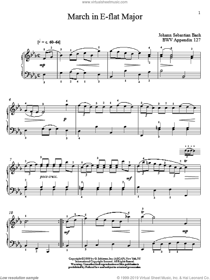 March In E-Flat Major, BWV App. 124 sheet music for piano solo by Johann Sebastian Bach and Christos Tsitsaros, classical score, intermediate skill level