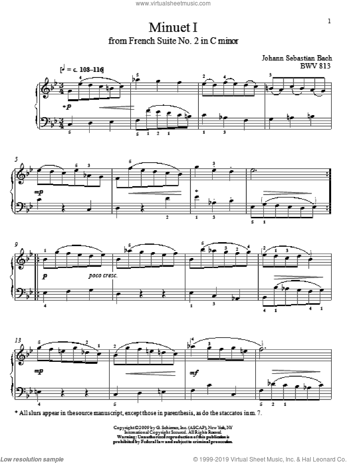 Minuet I, BWV 813 sheet music for piano solo by Johann Sebastian Bach and Christos Tsitsaros, classical score, intermediate skill level