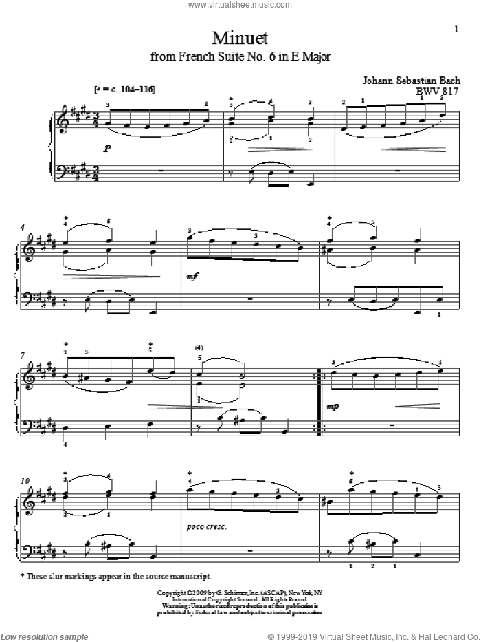 Minuet, BWV 817 sheet music for piano solo by Johann Sebastian Bach and Christos Tsitsaros, classical score, intermediate skill level