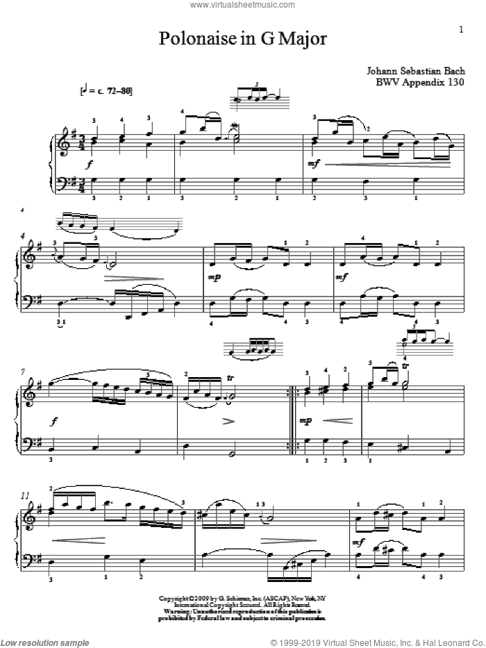 Polonaise In G Major, BWV App. 130 sheet music for piano solo by Johann Sebastian Bach and Christos Tsitsaros, classical score, intermediate skill level