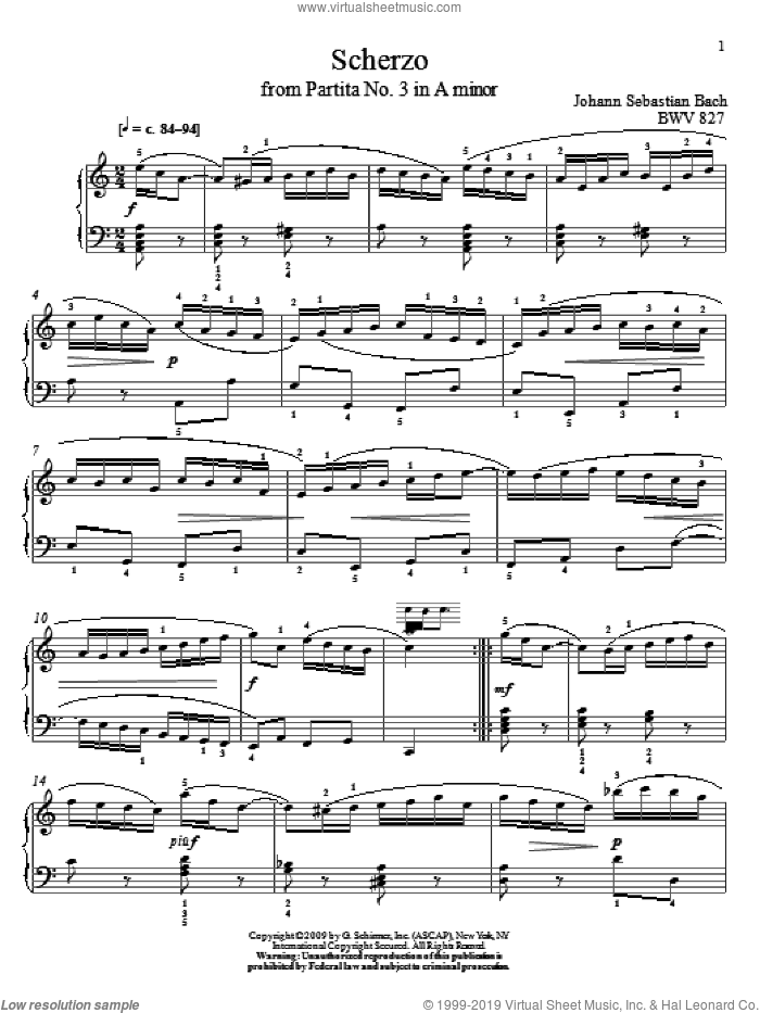 Scherzo, BWV 827 sheet music for piano solo by Johann Sebastian Bach and Christos Tsitsaros, classical score, intermediate skill level