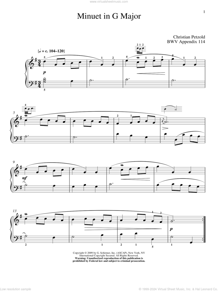 Menuet In G Major, BWV App. 114 sheet music for piano solo by Johann Sebastian Bach and Christos Tsitsaros, classical score, intermediate skill level