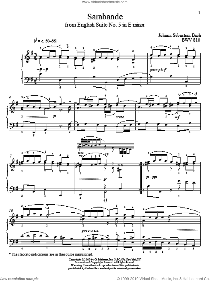 Sarabande, BWV 810 sheet music for piano solo by Johann Sebastian Bach and Christos Tsitsaros, classical score, intermediate skill level
