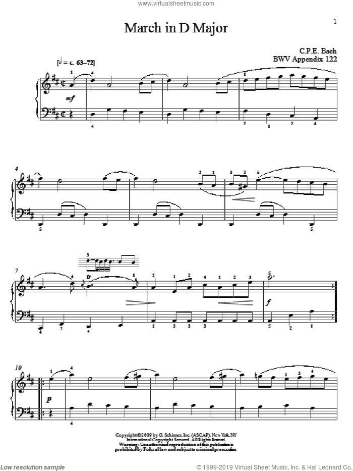 March In D Major, BWV App. 122 sheet music for piano solo by Johann Sebastian Bach and Christos Tsitsaros, classical score, intermediate skill level