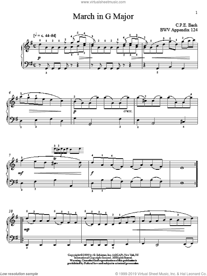 March In G Major, BWV App. 124 sheet music for piano solo by Johann Sebastian Bach and Christos Tsitsaros, classical score, intermediate skill level