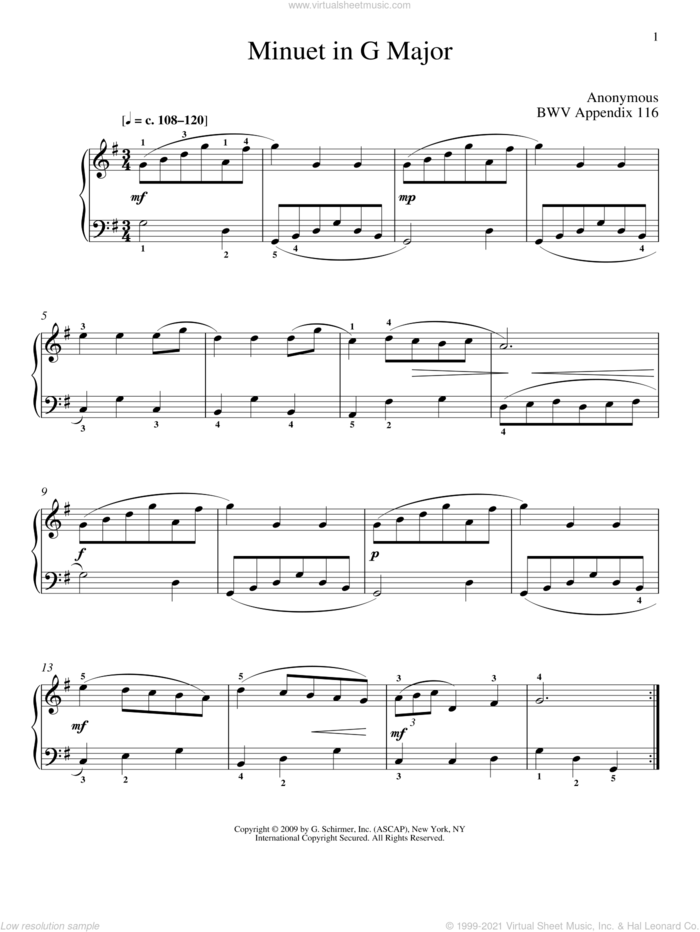 Menuet In G Major, BWV App. 116 sheet music for piano solo by Johann Sebastian Bach and Christos Tsitsaros, classical score, intermediate skill level