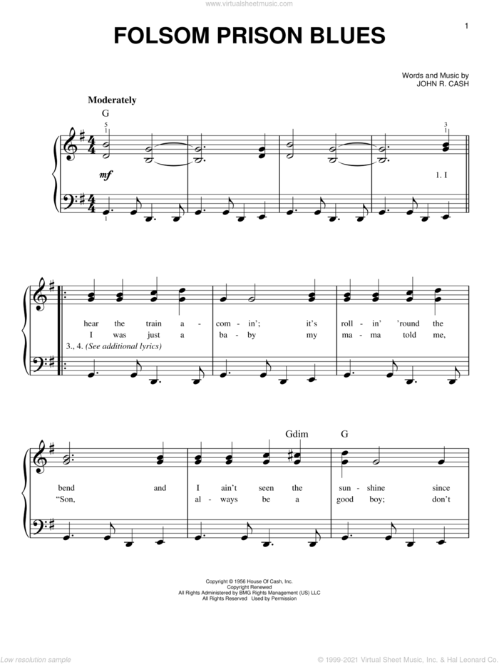 Folsom Prison Blues, (beginner) sheet music for piano solo by Johnny Cash, beginner skill level