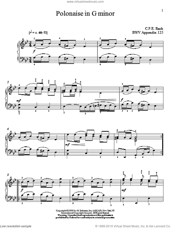 Polonaise In G Minor, BWV App. 125 sheet music for piano solo by Johann Sebastian Bach and Christos Tsitsaros, classical score, intermediate skill level