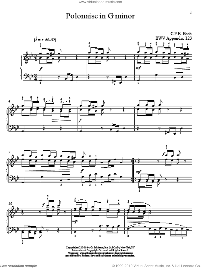 Polonaise In G Minor, BWV App. 124 sheet music for piano solo by Johann Sebastian Bach and Christos Tsitsaros, classical score, intermediate skill level