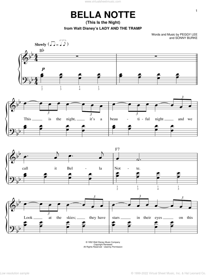 Bella Notte (This Is The Night) (from Lady And The Tramp), (easy) sheet music for piano solo by Peggy Lee and Sonny Burke, easy skill level