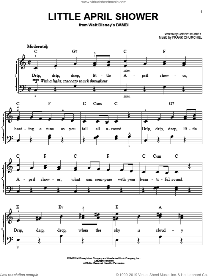 Little April Shower, (easy) sheet music for piano solo by Frank Churchill and Larry Morey, easy skill level