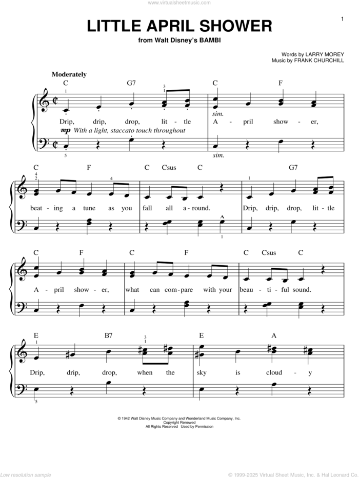 Little April Shower, (easy) sheet music for piano solo by Frank Churchill and Larry Morey, easy skill level