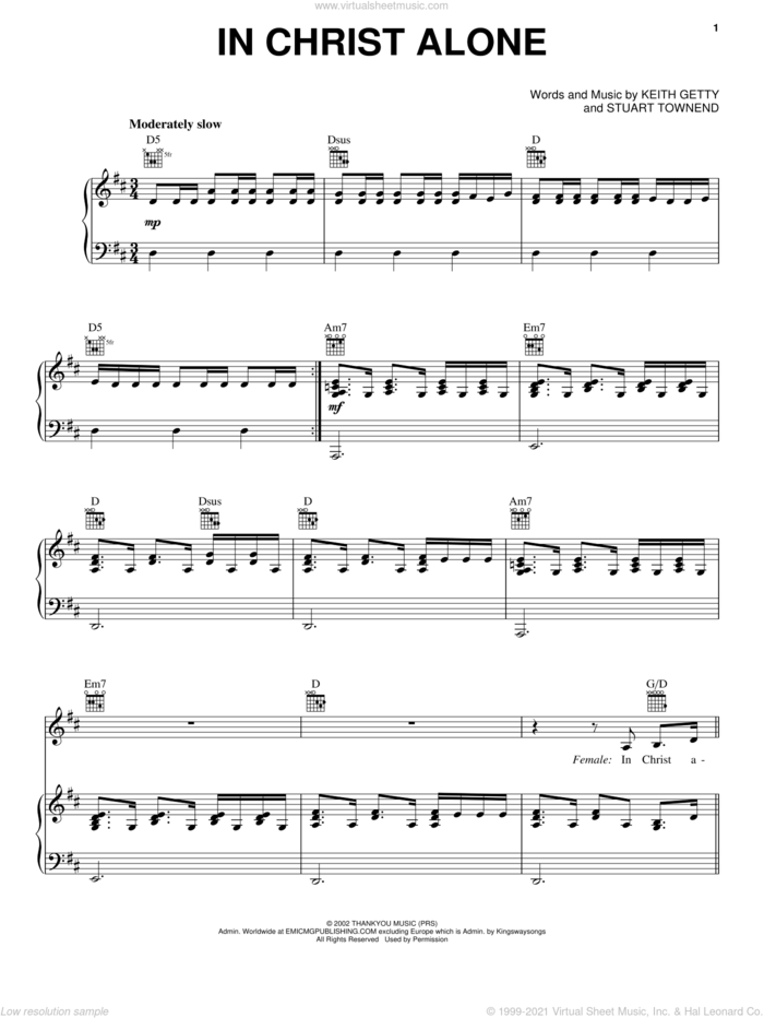 In Christ Alone sheet music for voice, piano or guitar by Avalon, Newsboys, Keith Getty and Stuart Townend, intermediate skill level