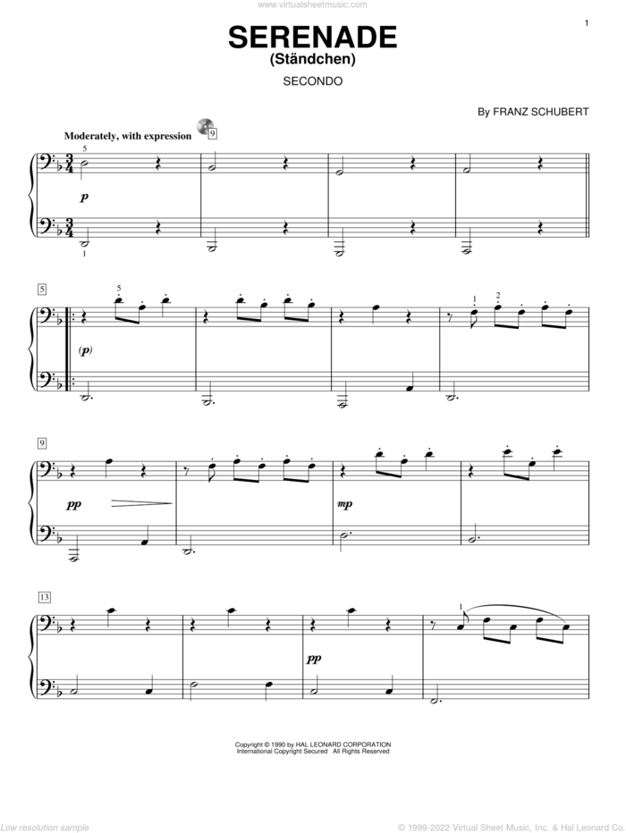 Serenade (Standchen) sheet music for piano four hands by Franz Schubert, classical score, intermediate skill level