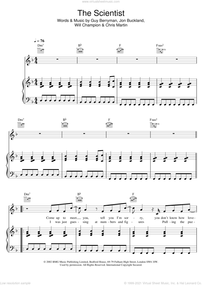 The Scientist sheet music for voice, piano or guitar by Coldplay, Chris Martin, Guy Berryman, Jonny Buckland and Will Champion, intermediate skill level