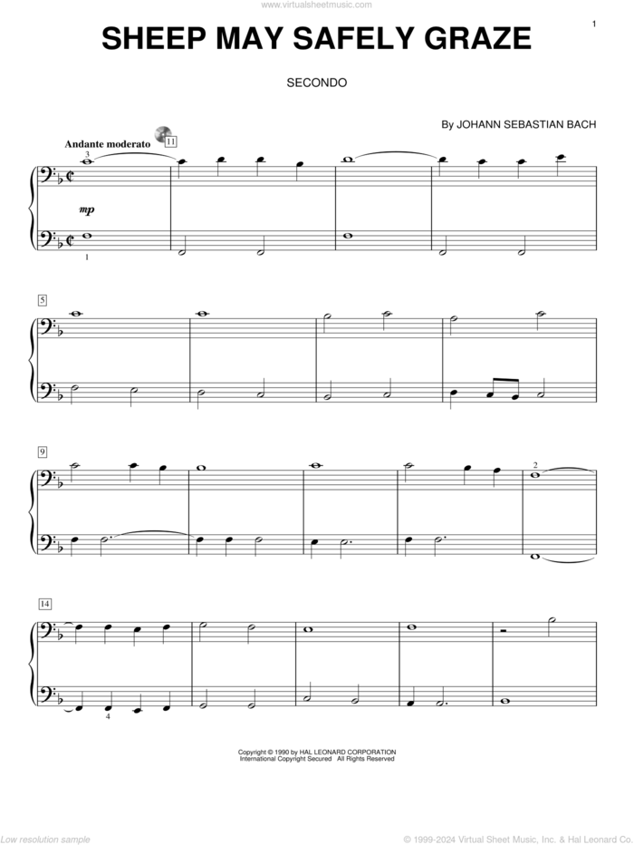 Sheep May Safely Graze sheet music for piano four hands by Johann Sebastian Bach, classical wedding score, intermediate skill level