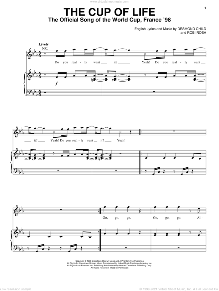 The Cup Of Life sheet music for voice, piano or guitar by Ricky Martin, Desmond Child and Robi Rosa, intermediate skill level